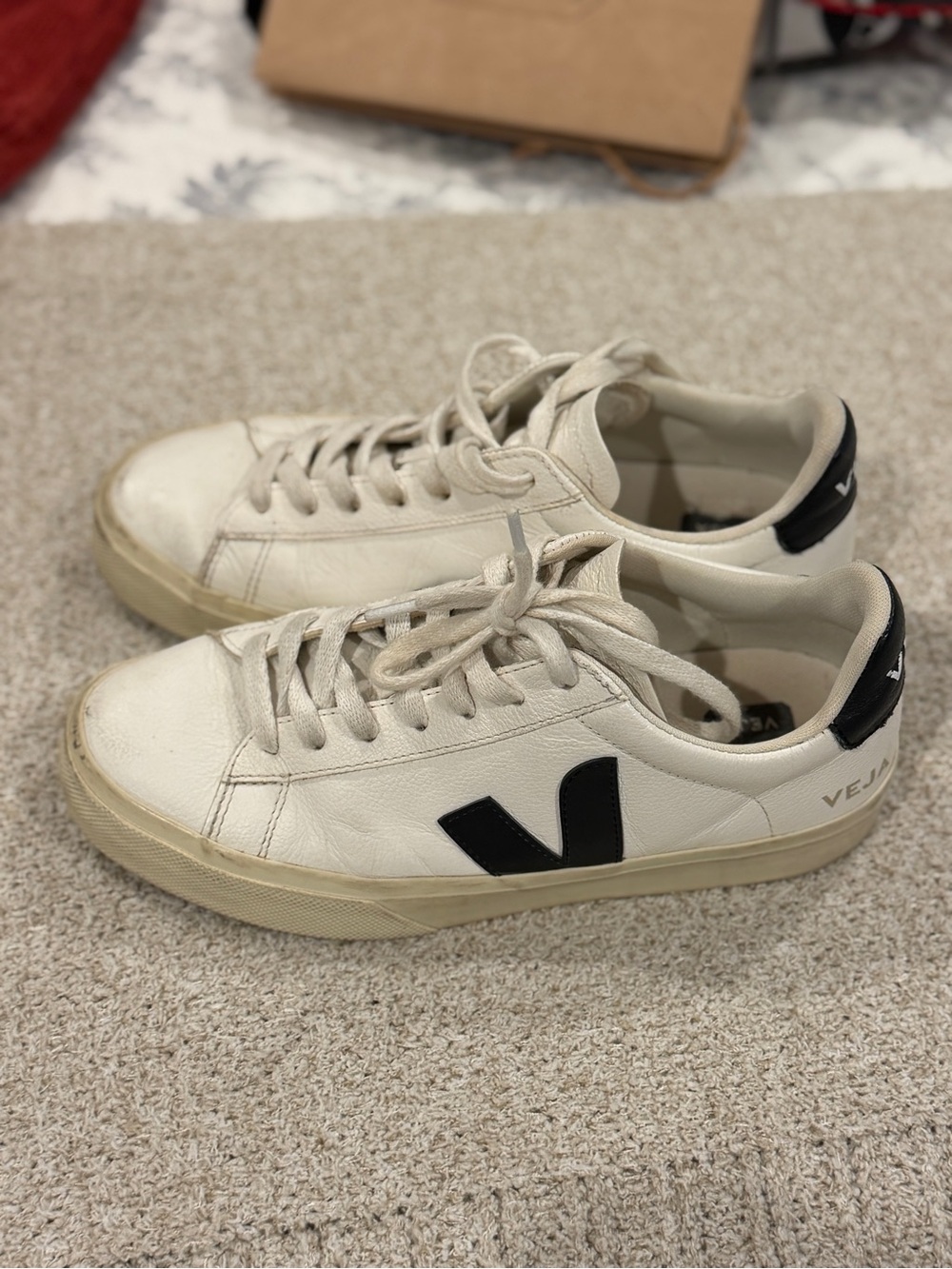 Veja Leather Low-Top Sneakers in White with Black V